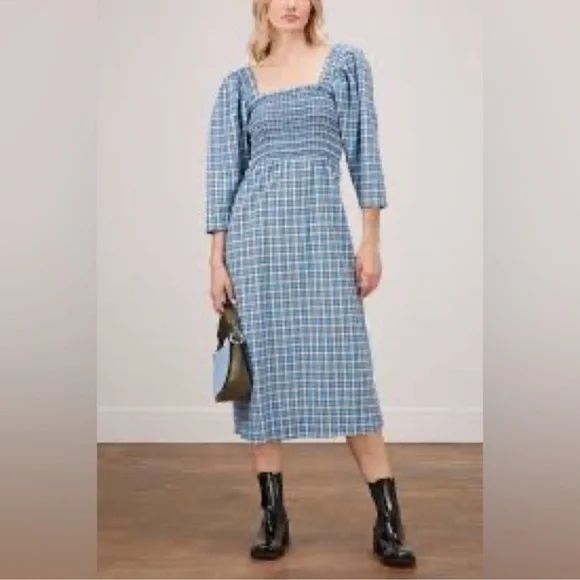 Ganni Seersucker Gingham Smocked Puff Sleeve Dress Black White Size 34 US 2 - Picture 3 of 8